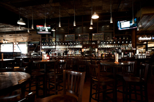 A bar with many tables and chairs in it