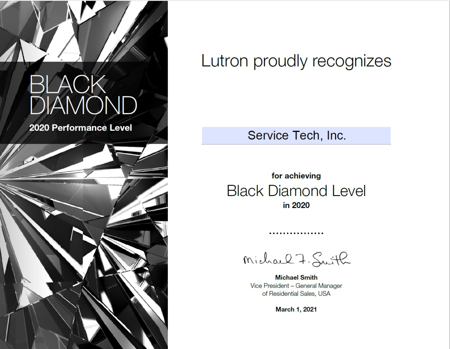 A certificate of recognition for black diamond