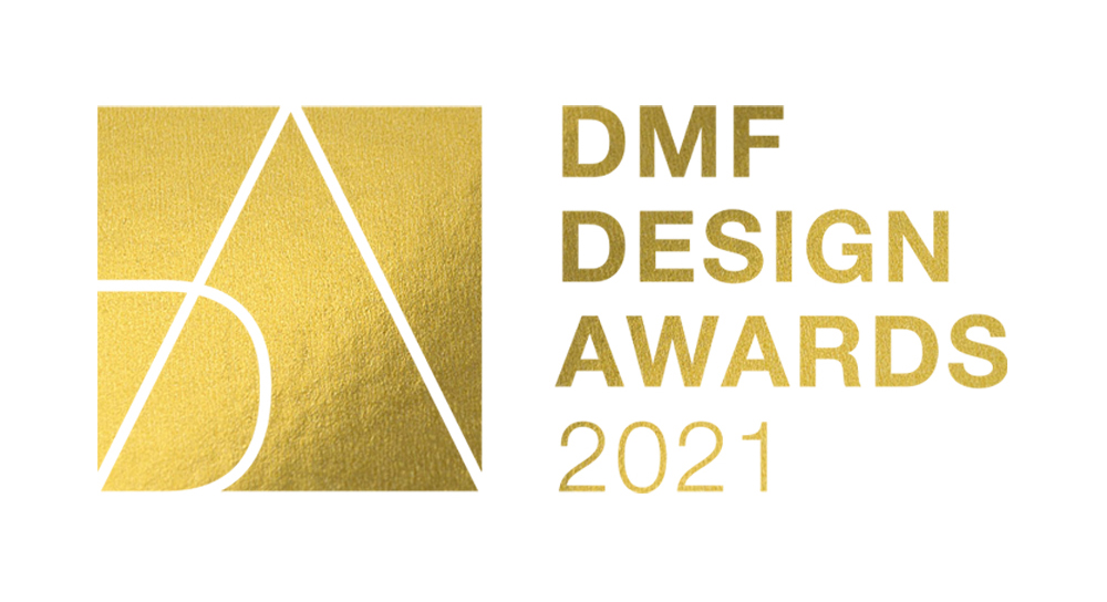 A gold foil logo that says dmf design awards 2 0 2 1