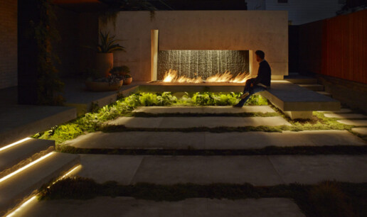 Custom LED lighting installed on the steps of a staircase in the outdoor space