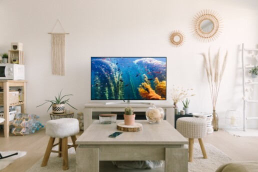 a neutral-colored living room scene, an ocean background is seen on a television screen.