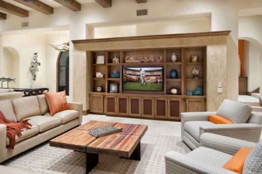 media room featuring smart home automation, lighting control, and UT football team on the big screen TV